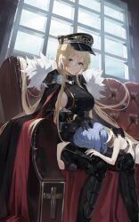Rule 34 | 2girls, absurdres, azur lane, bismarck (azur lane), bismarck zwei (azur lane), black gloves, blonde hair, blue eyes, blue hair, blue sky, breasts, cape, cloud, couch, cross, fur-trimmed cape, fur trim, gloves, hat, highres, indoors, iron cross, large breasts, long hair, maanu, military, military hat, multiple girls, on couch, peaked cap, short twintails, sky, submarine, thighhighs, twintails, u-556 (azur lane), watercraft, window