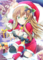 Rule 34 | 1girl, black thighhighs, box, breasts, brown hair, capelet, christmas, cleavage, gift, gift box, gloves, green eyes, hat, highres, holly, large breasts, long hair, mistletoe, nicola (shinkai no valkyrie), official art, red gloves, sack, santa costume, santa hat, shinkai no valkyrie, solo, thighhighs, usaginezumi, zettai ryouiki
