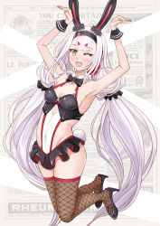 Rule 34 | 1girl, absurdly long hair, animal ears, arms up, azur lane, black footwear, black hairband, breasts, carrot necklace, cleavage, covered navel, extra eyebrows, fake tail, fishnet thighhighs, fishnets, hairband, high heels, highres, jewelry, knees apart feet together, long hair, looking at viewer, microskirt, necklace, official alternate costume, one eye closed, open mouth, rabbit ears, rabbit pose, rabbit tail, sai-go, shimakaze (azur lane), shimakaze (world&#039;s speediest bunny waitress) (azur lane), skirt, small breasts, solo, tail, thighhighs, very long hair, yellow eyes