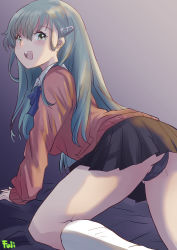 Rule 34 | 1girl, all fours, aqua eyes, aqua hair, artist name, ass, black background, black panties, black skirt, blue bow, blue neckerchief, blush, bow, breasts, cardigan, collared shirt, fuji (pixiv24804665), gradient background, hair ornament, hairclip, highres, kantai collection, long hair, looking at viewer, looking back, medium breasts, neckerchief, official alternate costume, open mouth, panties, pink cardigan, school uniform, shirt, skirt, socks, solo, suzuya (kancolle), underwear, white shirt