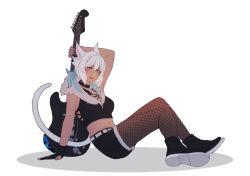 Rule 34 | 1girl, alternate costume, animal ears, breasts, cat ears, cleavage, dark-skinned female, dark skin, electric guitar, eyeshadow, facial mark, feather hair ornament, feathers, fender (company), final fantasy, final fantasy xiv, fur collar, gloves, grey eyes, guitar, hair ornament, highres, instrument, lyra-kotto, makeup, medium breasts, midriff, miqo&#039;te, neck tattoo, pantyhose, pantyhose under shorts, partially fingerless gloves, short hair, shorts, single glove, sitting, solo, tattoo, whisker markings, white background, white hair, y&#039;shtola rhul
