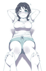 Rule 34 | 1girl, black hair, blurry, blush, braid, breasts, depth of field, exercising, flying sweatdrops, green eyes, large breasts, lying, mattaku mousuke, midriff peek, on back, one eye closed, shirt, short shorts, shorts, simple background, sit-up, solo focus, spot color, sweat, taut clothes, taut shirt, twin braids, white background