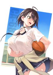 Rule 34 | 1girl, ahoge, arm behind back, arm under breasts, azur lane, ball, baltimore (after-school ace) (azur lane), baltimore (azur lane), basketball, basketball (object), beige cardigan, beige sweater, black choker, black neckwear, black skirt, blue sky, border, braid, breasts, brown hair, cardigan, cardigan around waist, choker, cleavage, clothes around waist, collared shirt, commentary request, day, dress shirt, gen (black factory), hair between eyes, highres, holding, holding ball, large breasts, loose necktie, miniskirt, necktie, open mouth, pleated skirt, school uniform, shirt, short hair, short sleeves, side braid, skirt, sky, sweat, sweater, sweater around waist, thighs, tied sweater, unbuttoned, white border, white shirt, yellow eyes