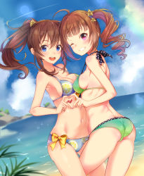 Rule 34 | 2girls, :d, ahoge, ass, bare arms, bare shoulders, beach, bikini, blue bikini, blue eyes, blue sky, blurry, blurry background, blush, bow, bow bikini, breast press, breasts, brown hair, butt crack, cleavage, cloud, commentary request, contrail, cowboy shot, day, drill hair, dutch angle, fingernails, floating hair, food print, gluteal fold, gradient bikini, gradient clothes, green bikini, grin, groin, hair between eyes, hair ornament, halterneck, hand up, heart, heart hands, heart hands duo, high ponytail, highres, horizon, idolmaster, idolmaster million live!, leg between thighs, lemon print, lens flare, looking at viewer, looking to the side, medium breasts, medium hair, mitsuki (omezame alice), multiple girls, navel, ocean, open mouth, outdoors, pink eyes, polka dot, polka dot bikini, ponytail, print bikini, satake minako, side ponytail, sidelocks, sky, smile, sparkle, standing, star (symbol), star hair ornament, stomach, strap gap, swimsuit, symmetrical docking, teeth, upper teeth only, yellow bow, yokoyama nao