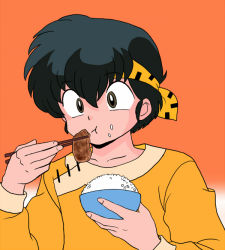 Rule 34 | 1boy, bowl, chopsticks, closed mouth, cyocomi3, eating, eyebrows, food, food on face, headband, hibiki ryouga, holding, holding bowl, male focus, official style, ranma 1/2, rice, rice bowl, rice on face, simple background, solo