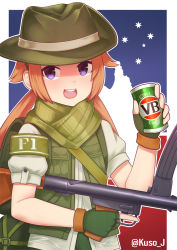 Rule 34 | 1girl, alcohol, artist name, australia, beer, beer can, blush, brown hair, can, convenient censoring, drink can, f1 (girls&#039; frontline), fingerless gloves, girls&#039; frontline, gloves, green gloves, green hat, gun, hat, highres, holding, holding gun, holding weapon, jacy, long hair, looking at viewer, open mouth, puffy short sleeves, puffy sleeves, purple eyes, short sleeves, smile, solo, submachine gun, teeth, twintails, twitter username, upper teeth only, vb (beer), weapon