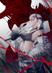 Rule 34 | 1girl, absurdres, ajiu (ajiuyaa), arknights, bare shoulders, black choker, black gloves, breasts, choker, commentary, cowboy shot, crop top, from side, gloves, hammer, highres, holding, holding hammer, holding weapon, horns, infection monitor (arknights), large breasts, long hair, long sleeves, material growth, midriff, mudrock (arknights), mudrock (elite ii) (arknights), navel, off shoulder, oripathy lesion (arknights), over shoulder, parted lips, pointy ears, profile, red eyes, solo, sports bra, standing, stomach, weapon, weapon over shoulder, white hair