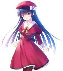 Rule 34 | 1girl, beret, black hair, blush, bow, bowtie, brown eyes, capelet, collar, commentary request, cowboy shot, dress, hair between eyes, hat, hat bow, highres, long hair, looking at viewer, na-ga, original, pantyhose, red capelet, red dress, red hat, sidelocks, simple background, smile, solo, standing, straight hair, white background, white bow, white collar, yellow bow, yellow bowtie