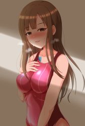 Rule 34 | 1girl, absurdres, breasts, brown hair, come hither, competition swimsuit, condom, condom wrapper, covered navel, hand on own chest, heart, heart-shaped pupils, highres, hime cut, idolmaster, idolmaster cinderella girls, long hair, mizumoto yukari, one-piece swimsuit, raindrop746079, red one-piece swimsuit, sweat, swimsuit, symbol-shaped pupils