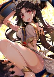 Rule 34 | 1girl, :d, arm up, bare shoulders, black hair, black sleeves, black thighhighs, blush, breasts, detached sleeves, earrings, fate/grand order, fate (series), glint, hakuishi aoi, heavenly boat maanna, holding, holding weapon, hoop earrings, ishtar (fate), jewelry, long hair, long sleeves, looking at viewer, medium breasts, open mouth, parted bangs, red eyes, single detached sleeve, single thighhigh, smile, solo, teeth, thighhighs, tiara, two side up, upper teeth only, very long hair, weapon