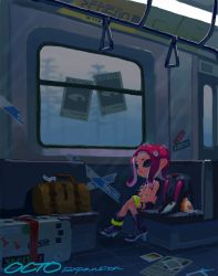 Rule 34 | 1girl, agent 8 (splatoon), ayumi (830890), bag, black footwear, black skirt, boots, closed eyes, closed mouth, duffel bag, full body, hand grip, high heel boots, high heels, highres, ink tank (splatoon), knees together feet apart, long hair, magazine (object), miniskirt, nintendo, octoling, octoling girl, octoling player character, octotrooper, pink hair, poster (object), signature, single sleeve, sitting, skirt, sleeping, sleeping upright, solo, splatoon (series), splatoon 2, splatoon 2: octo expansion, stuffed toy, suction cups, tentacle hair, thigh strap, train interior, wristband