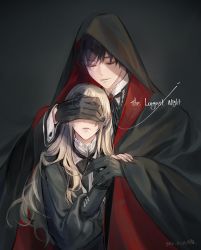 Rule 34 | 1boy, 1girl, bad id, bad pixiv id, black bow, black cloak, black gloves, black hair, black neckwear, black ribbon, blonde hair, bow, brooch, cloak, covering another&#039;s eyes, dated, english text, closed eyes, facing viewer, gloves, grey background, holding hands, jewelry, long hair, long sleeves, original, puffy long sleeves, puffy sleeves, ribbon, short hair, sila (carpen), upper body