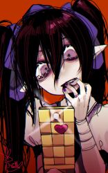 Rule 34 | 1girl, bandaged wrist, bandages, biting, black hair, blood, blood on hands, bow, camera phone, cellphone, clenched teeth, collared shirt, commentary request, flip phone, fua yuu, hair between eyes, hair bow, hand to own mouth, hat, hata-tan (rui (hershe)), highres, himekaidou hatate, holding, holding phone, jewelry, long hair, nail biting, nail polish, phone, pointy ears, purple bow, purple eyes, purple hat, purple nails, red background, ring, shirt, short sleeves, simple background, solo, tears, teeth, tokin hat, touhou, twintails, upper body, very long hair, white shirt