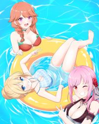 Rule 34 | 3girls, absurdres, bare shoulders, bikini, blonde hair, blue eyes, braid, breast rest, breasts, brooch, brown one-piece swimsuit, choker, cleavage, cleavage cutout, clothing cutout, collarbone, diffraction spikes, felutiahime, floating, flower, frilled one-piece swimsuit, frilled swimsuit, frills, from above, green hair, grin, hair bun, hair flower, hair ornament, halterneck, highres, hololive, hololive english, innertube, jewelry, large breasts, long hair, looking at viewer, mole, mole on breast, mori calliope, multicolored hair, multiple girls, o-ring, o-ring bikini, one-piece swimsuit, one eye closed, open mouth, orange hair, partially submerged, pink hair, plaid bikini top, purple eyes, red eyes, rose, sidelocks, smile, strapless, strapless bikini, swept bangs, swim ring, swimming, swimsuit, takanashi kiara, twin braids, two-tone hair, upside-down, v, virtual youtuber, w, water, watson amelia