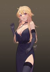 Rule 34 | 1girl, absurdres, ahoge, alternate costume, bare shoulders, black dress, black gloves, black thighhighs, blonde hair, blue eyes, breasts, cleavage, clenched teeth, collarbone, cowboy shot, dress, elbow gloves, gloves, highres, iowa (kancolle), kantai collection, large breasts, lipgloss, long hair, low neckline, side slit, signature, simple background, solo, star-shaped pupils, star (symbol), symbol-shaped pupils, teeth, thighhighs, thighs, zhiwu