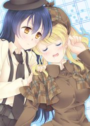 Rule 34 | 10s, 2girls, ayase eli, belt, blonde hair, blue hair, blush, breasts, brown eyes, closed eyes, deerstalker, detective, drooling, hand on another&#039;s shoulder, hat, large breasts, long hair, looking at another, love live!, love live! school idol festival, love live! school idol project, mimori (cotton heart), multiple girls, necktie, open mouth, pants, parted bangs, ponytail, shirt, sleeping, smile, sonoda umi, suspenders, yuri