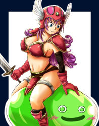 Rule 34 | 1girl, :3, armor, blush, breasts, chunsoft, cleavage, dragon quest, dragon quest iii, enix, kappamaru, large breasts, long hair, purple hair, slime (dragon quest), smile, soldier (dq3), sword, very long hair, weapon