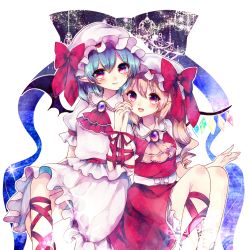 Rule 34 | 2girls, ascot, bat wings, blonde hair, blue hair, blush, bow, brooch, collaboration, flandre scarlet, ginzuki ringo, hands on own face, hat, hat bow, jewelry, mob cap, multiple girls, open mouth, red eyes, remilia scarlet, shanghai bisu, siblings, sisters, steepled fingers, touhou, wings