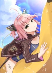 Rule 34 | 1girl, ahoge, azur lane, banana boat, cloud, commentary request, day, hair ornament, highres, isobe eiji, jacket, lens flare, looking at viewer, naughty face, pink hair, sky, smile, solo, splashing, swimsuit, u-81 (azur lane), water, yellow eyes