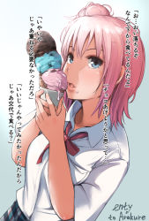 Rule 34 | 10s, 1girl, arakure, blue eyes, food, food on face, hair bun, ice cream, ice cream on face, looking at viewer, pink hair, short hair, signature, simple background, single hair bun, solo, too many, too many scoops, translation request, yahari ore no seishun lovecome wa machigatteiru., yuigahama yui