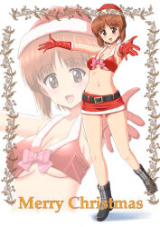 Rule 34 | 10s, 1girl, belt, blush, boots, breasts, brown eyes, brown hair, christmas, cleavage, girls und panzer, gloves, hat, highres, large breasts, looking at viewer, midriff, navel, nishizumi miho, open mouth, santa costume, santa hat, short hair, simple background, skirt, smile, solo, t k, underboob, white background