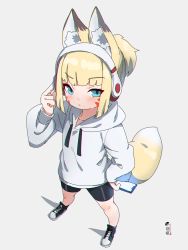 Rule 34 | 1girl, animal ear fluff, animal ears, bike shorts, black footwear, black shorts, blonde hair, blue eyes, blush, cellphone, closed mouth, commentary request, drawstring, facial mark, fox ears, fox girl, fox tail, from above, full body, grey background, headphones, highres, holding, holding phone, hood, hood down, hoodie, kuro kosyou, looking at viewer, looking up, original, phone, ponytail, shadow, shoes, short shorts, shorts, solo, standing, tail, whisker markings, white hoodie