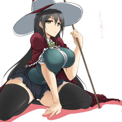 Rule 34 | 10s, 1girl, arm support, black hair, black thighhighs, bow, breasts, breasts squeezed together, brown eyes, cape, curvy, frills, hat, hip focus, kagari ayaka, large breasts, long hair, momio, school uniform, shadow, simple background, sitting, skirt, solo, staff, thick thighs, thighhighs, thighs, translated, very long hair, wide hips, witch craft works, witch hat, zettai ryouiki