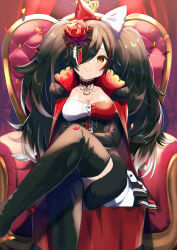 Rule 34 | 1girl, absurdres, black hair, bow, breasts, cape, choker, cleavage, corset, crossed legs, flower, hair bow, hair flower, hair ornament, hair over one eye, highres, hololive, long hair, looking at viewer, medium breasts, official alternate costume, ookami mio, ookami mio (wonderland), shinomiya shino (sinosino141), sitting, smile, solo, tail, throne, twintails, very long hair, virtual youtuber, wolf girl, wolf tail, yellow eyes