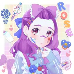 Rule 34 | 1girl, baby bottle, bandage on face, bandages, bandaid, bandaid on face, bandaid on nose, blue bow, blue flower, blue jacket, blue rose, bottle, bow, character name, commentary, earrings, flower, hair bow, hair ornament, hair pulled back, hairclip, heart, highres, jacket, jewelry, long sleeves, medium hair, milk (yes! precure 5), milky mirror, milky pallette, mimino kurumi, pacifier, parted lips, precure, purple bow, purple eyes, purple hair, rose, shigen pr, sleeves past wrists, solo, track jacket, x hair ornament, yes! precure 5, yes! precure 5 gogo!