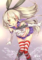 Rule 34 | 1girl, alternate eye color, anchor hair ornament, artist name, black panties, blonde hair, blue sailor collar, blue skirt, chestnut mouth, crop top, elbow gloves, gloves, gradient background, grey background, hair ornament, hairband, highleg, highleg panties, kantai collection, leaning forward, long hair, looking at viewer, microskirt, orange eyes, panties, pleated skirt, sailor collar, sailor shirt, shimakaze (kancolle), shirt, shungikuten, skirt, solo, striped clothes, striped thighhighs, thighhighs, underwear, water, white gloves