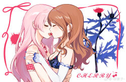 2girls bang_dream! bang_dream!_it&#039;s_mygo!!!!! blue_bra blue_nails bra breasts brown_hair cherry chihaya_anon cleavage closed_eyes commentary_request elbow_gloves flower food fruit gloves hand_on_another&#039;s_shoulder hand_on_another&#039;s_waist highres long_hair medium_breasts mouth_hold multiple_girls nagasaki_soyo open_mouth pink_bra pink_hair red_flower shared_food tongue tongue_out underwear white_background white_gloves yayako_(804907150) yuri