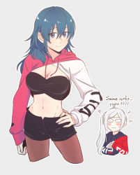 Rule 34 | 2girls, ?, alternate costume, black bra, black shorts, blue eyes, blue hair, blush, bra, breasts, brown legwear, byleth (female) (fire emblem), byleth (fire emblem), cleavage, closed mouth, commentary request, contemporary, cropped hoodie, edelgard von hresvelg, edie crop hoodie, english text, fire emblem, fire emblem: three houses, grey background, hair between eyes, hand on own hip, highres, hood, hood down, hoodie, long hair, long sleeves, looking at another, looking at viewer, meme attire, midriff, multiple girls, navel, nintendo, pantyhose, riromomo, shorts, shrug (clothing), side ponytail, simple background, smile, standing, stomach, sweatdrop, underwear, upper body, white hair, yuri