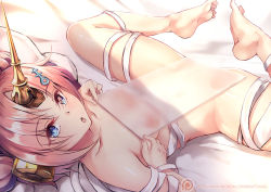 Rule 34 | 1girl, :o, barefoot, blue eyes, breasts, fate/apocrypha, fate (series), feet, frankenstein&#039;s monster (fate), frankenstein&#039;s monster (swimsuit saber) (third ascension) (fate), horns, looking at viewer, lying, nakatokung, nipples, nude, on back, on bed, open mouth, parted bangs, pink hair, plantar flexion, see-through, short hair, single horn, small breasts, solo, spread legs, thighs, watermark, web address