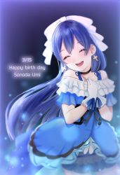 Rule 34 | 1girl, ^ ^, bad id, bad twitter id, bare shoulders, birthday, blue dress, blue hair, blush, bow, character name, choker, closed eyes, commentary request, cowboy shot, dated, dress, earrings, english text, gloves, hair between eyes, hair bow, happy birthday, highres, jewelry, kira-kira sensation!, long hair, love live!, love live! school idol project, open mouth, simple background, smile, solo, sonoda umi, white gloves