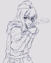 Rule 34 | 10s, 1girl, coat, cup, dorotabou (dieter), garrison cap, girls und panzer, gloves, grey background, hat, holding, itsumi erika, long hair, long sleeves, looking at viewer, military, military uniform, monochrome, parted lips, sketch, solo, steam, uniform, upper body, winter clothes
