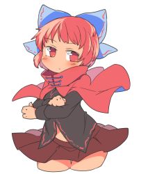 Rule 34 | 1girl, black shirt, blouse, blush, bow, cape, cropped legs, crossed arms, hair bow, ini (inunabe00), long sleeves, midriff, miniskirt, pleated skirt, red cape, red eyes, red hair, red skirt, sekibanki, shirt, short hair, skirt, solo, thigh gap, thighs, touhou, wind, wind lift
