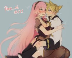 Rule 34 | 1boy, 1girl, age difference, blonde hair, blue eyes, eye contact, full body, highres, hug, kagamine len, looking at another, megurine luka, nervous, peon ni, pink hair, shorts, thighhighs, vocaloid