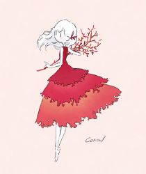 Rule 34 | 1girl, barefoot, blush, coral, dress, english text, expressionless, hair ornament, holding, kamura gimi, long hair, looking to the side, original, red dress, sleeveless, sleeveless dress, solo, white hair