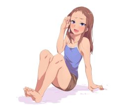 Rule 34 | 10s, 1girl, arm support, bare legs, bare shoulders, barefoot, between toes, blush, brown hair, collarbone, commentary request, feet, feet together, forehead, full body, geregere (lantern), idolmaster, idolmaster cinderella girls, koseki reina, long hair, open mouth, purple eyes, simple background, sitting, skirt, soles, solo, tank top, toes, white background