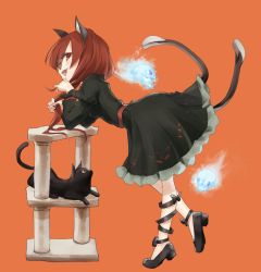 Rule 34 | 1girl, alternate hairstyle, animal ears, bent over, cat, cat day, cat ears, cat tail, cat tower, dress, full body, hair down, hitodama, juliet sleeves, kaenbyou rin, leg ribbon, long hair, long sleeves, multiple tails, nekomata, orange background, profile, puffy sleeves, red eyes, red hair, ribbon, sideways glance, simple background, skull, solo, tail, touhou, two tails, yukimiharu
