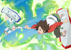 Rule 34 | 00s, 1boy, 1girl, :d, aqua hair, blue eyes, board, brown hair, eureka (eureka seven), eureka seven, eureka seven (series), eye contact, fire, fire, flying, full body, hetero, holding hands, long sleeves, looking at another, magic, open mouth, raglan sleeves, renton thurston, shirt, smile, standing, t-shirt, yomi (indigoriver)