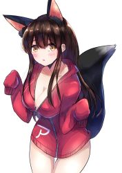 Rule 34 | 1girl, :o, akagi (kancolle), alternate costume, animal ears, blush, breasts, brown hair, cleavage, collarbone, cowboy shot, fox ears, fox tail, hands in opposite sleeves, highres, jacket, kantai collection, large breasts, leaning forward, long hair, long sleeves, mochiko (mocchikkoo), open mouth, partially unzipped, red jacket, sidelocks, simple background, sketch, solo, standing, straight hair, tail, tareme, thigh gap, thighs, w arms, white background, wolf ears, wolf tail, yellow eyes, zipper