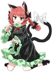 Rule 34 | 1girl, animal ears, black bow, black dress, black footwear, black legwear, black sleeves, black tail, bow, bowtie, braid, cat ears, cat tail, chups, dress, extra ears, fang, frilled dress, frilled sleeves, frills, green frills, hair bow, highres, kaenbyou rin, long sleeves, looking at viewer, multiple tails, nail polish, open mouth, red bow, red bowtie, red eyes, red hair, red nails, seiza, short hair, simple background, sitting, solo, tail, touhou, twin braids, two tails, white background