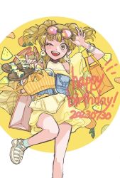 Rule 34 | 1girl, bag, blonde hair, bracelet, clothes, dress, earrings, eyewear on head, food, fruit, gacho p, green eyes, happy birthday, idolmaster, idolmaster cinderella girls, jewelry, jougasaki rika, long hair, looking at viewer, one eye closed, open mouth, ring, shoes, shopping bag, smile, solo, standing, standing on one leg, sunglasses, swimsuit, two side up, unworn shoes, unworn swimsuit, yellow dress