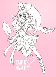 Rule 34 | 1girl, :d, aida mana, bad id, bad pixiv id, brooch, character name, cure heart, dokidoki! precure, full body, heart, heart brooch, ichihara2929, jewelry, monochrome, open mouth, pink background, precure, simple background, smile, solo