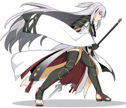 Rule 34 | armor, black gloves, black thighhighs, commentary request, fate/grand order, fate (series), from side, gloves, green eyes, grey hair, hair between eyes, holding, holding polearm, holding spear, holding weapon, jacket, koha-ace, long hair, long sleeves, looking at viewer, nagao kagetora (fate), polearm, ponytail, shiseki hirame, solo, spear, thighhighs, weapon, white jacket