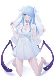 Rule 34 | 1girl, absurdres, bare legs, barefoot, blue eyes, blue hair, blue wings, breasts, cleavage, cleavage cutout, clothing cutout, collared dress, dragon girl, dragon tail, dress, elira pendora, guriddopitto, hair ornament, hair over one eye, head wings, highres, kneeling, large breasts, long hair, long sleeves, multicolored hair, nijisanji, nijisanji en, official alternate costume, one eye covered, simple background, smile, solo, tail, veil, virtual youtuber, wedding dress, white background, white dress, white hair, white headwear, wings, x hair ornament