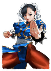 Rule 34 | 1girl, black bracelet, black hair, bracelet, brown pantyhose, capcom, chun-li, clenched hand, closed mouth, double bun, fighting stance, fingernails, frills, grey eyes, hair bun, highres, jewelry, pantyhose, pink lips, puffy sleeves, short hair, simple background, solo, spiked bracelet, spikes, street fighter, taiyou, white background