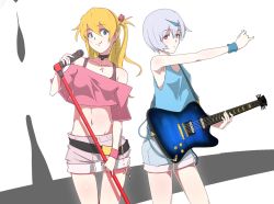 Rule 34 | 2girls, ayanami rei, belt, blonde hair, blue eyes, blue shirt, blue shorts, breasts, choker, cleavage, cowboy shot, earrings, grey shorts, hair between eyes, hair ornament, highres, holding, holding instrument, holding microphone, instrument, jewelry, konbari tariumu, long hair, looking at viewer, microphone, midriff, multiple girls, navel, necklace, neon genesis evangelion, off-shoulder shirt, off shoulder, outstretched arm, pink shirt, red eyes, shirt, short hair, short shorts, shorts, side ponytail, sideboob, silver hair, sleeveless, sleeveless shirt, small breasts, smile, souryuu asuka langley, standing, stomach, thigh gap, white background, wristband