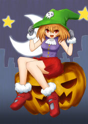Rule 34 | 1girl, :d, :o, ascot, blush, brown hair, crescent moon, free=time, gloves, grey legwear, halloween, hat, highres, jack-o&#039;-lantern, mary janes, moon, night, open mouth, original, pleated skirt, pumpkin, red eyes, shoes, short hair, silhouette, sitting, skirt, skull, sleeveless, smile, solo, star (sky), star (symbol), town, witch hat
